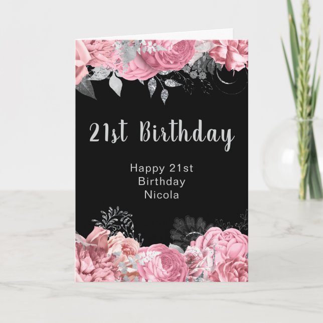 Carte Fleurs élégantes roses et argentées Anniversaire (Devant)
