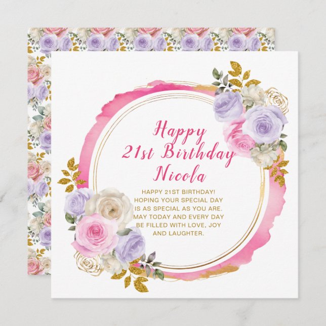 Carte Fleurs élégantes roses et violettes Anniversaire (Devant / Derrière)