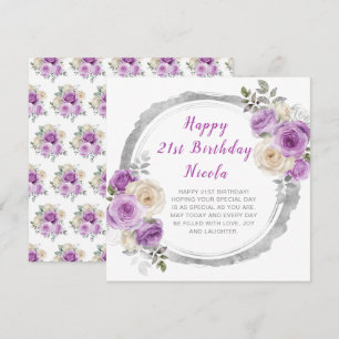Carte Fleurs élégantes violettes et argentées pour anniv