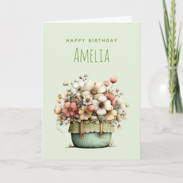 Carte Fleurs en Pot Style Cosy Shabby Chic Anniversaire (Devant)