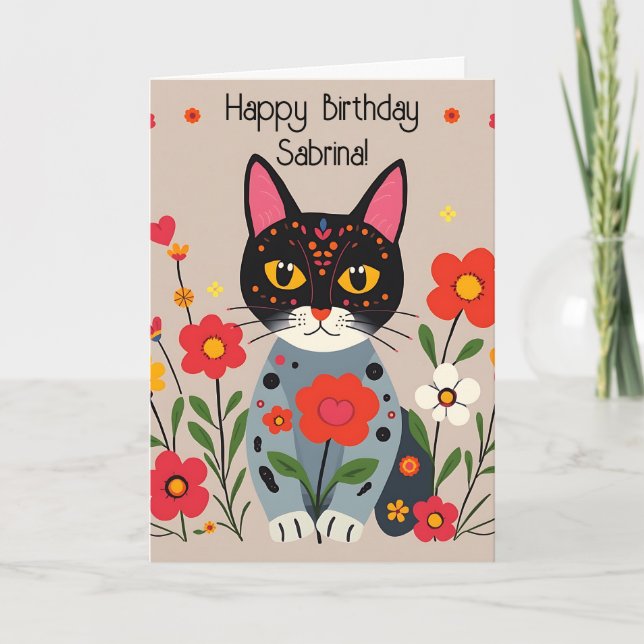 Carte Fleurs et chats d'art populaire Anniversaire perso (Devant)