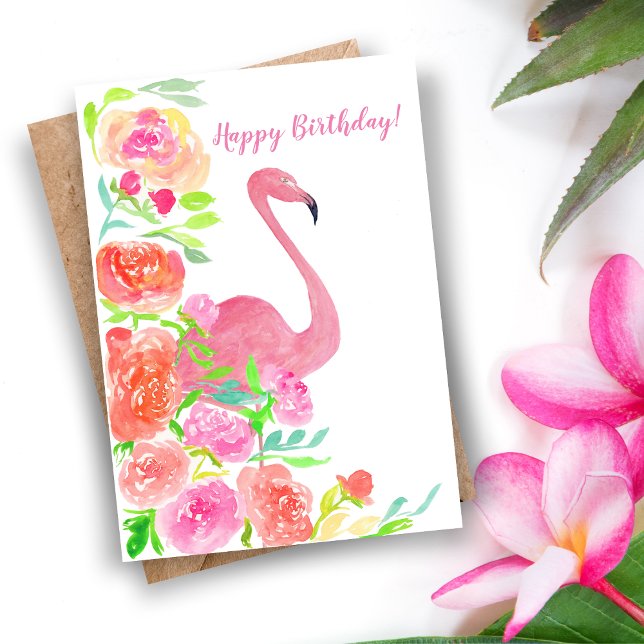 Carte Fleurs et Flamant rose de joyeux anniversaire (Tropical Elegance: A Stunning Watercolor Birthday Card for Artistic Souls.)