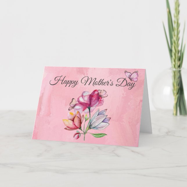 Carte Fleurs et papillons à l'aquarelle rose (Devant)
