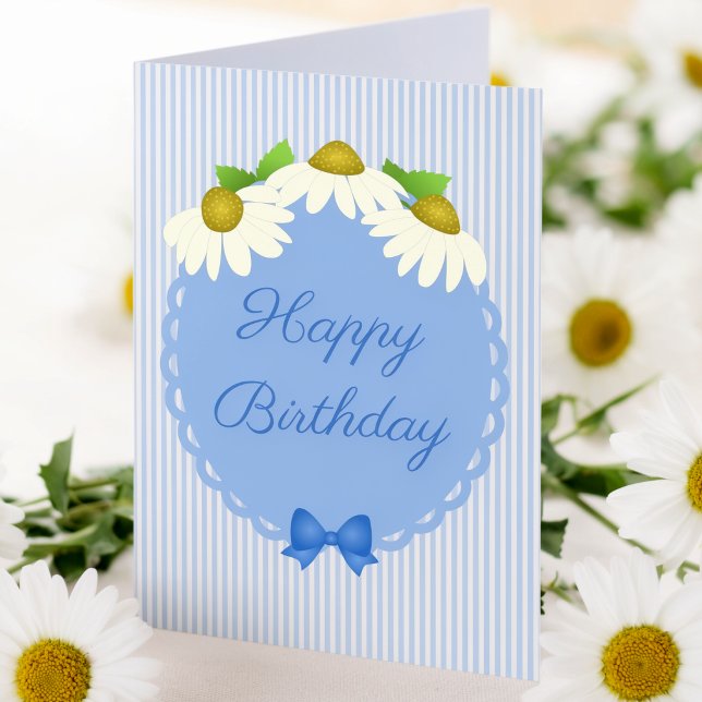Carte Fleurs et Rayures Bleues et Blanches pour Annivers (Say it with daisies. A fresh, original illustration that makes every birthday bloom brighter.)