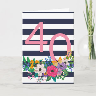 Carte Fleurs et rayures rose 40 Joyeux anniversaire