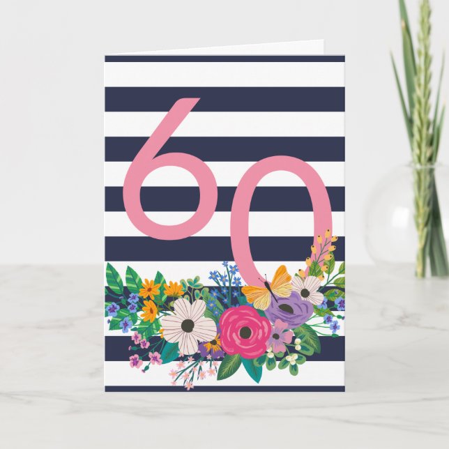 Carte Fleurs et rayures rose 60 Joyeux anniversaire (Devant)