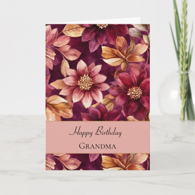 Carte Fleurs Feuilles Or Bourgogne Anniversaire (Devant)