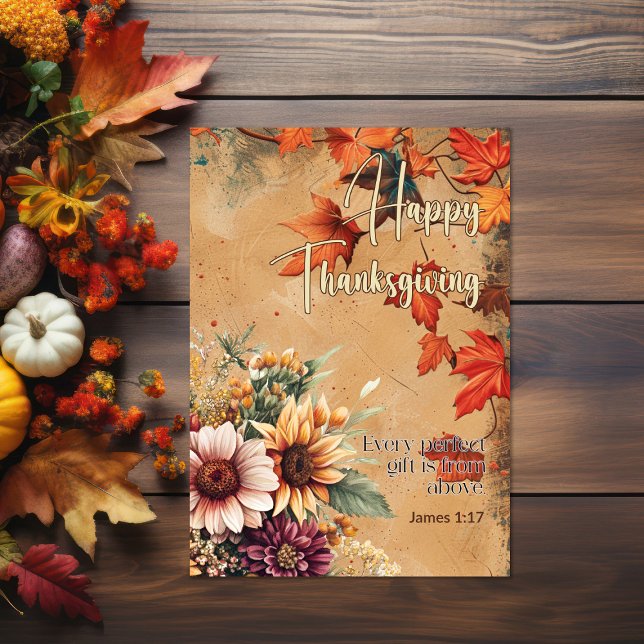 Carte Fleurs Feuilles rouges James 1:17 Bon thanksgiving (Red leaves and flowers Bible verse Thanksgiving Card)