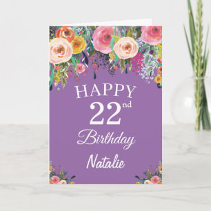 Carte Fleurs florales aquarelle violettes pour 22e anniv