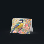 Carte Fleurs florales colorées d'Oiseau de Chickadee Gre<br><div class="desc">"mignon grand tit oiseau",  "jaune perché sur branche",  "fleurs de fleurs roses",  "fleurs florales de poule",  "jolie sakura décorative",  "gustav klimt contemporain inspiré",  "art déco nouveau coloré",  "bleu pastel moderne",  "asiatique botanique arty",  "animateur multicolore"</div>