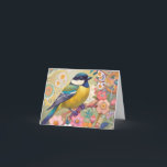 Carte Fleurs florales colorées d'Oiseau de Chickadee Gre<br><div class="desc">"mignon grand tit oiseau",  "jaune perché sur branche",  "fleurs de fleurs roses",  "fleurs florales de poule",  "jolie sakura décorative",  "gustav klimt contemporain inspiré",  "art déco nouveau coloré",  "bleu pastel moderne",  "asiatique botanique arty",  "animateur multicolore"</div>