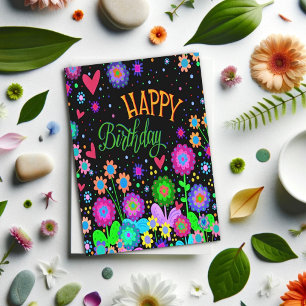 Carte Fleurs florales colorées tendance joyeuses d'anniv