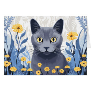 Carte Fleurs Jaunes Chat Bleu Russe