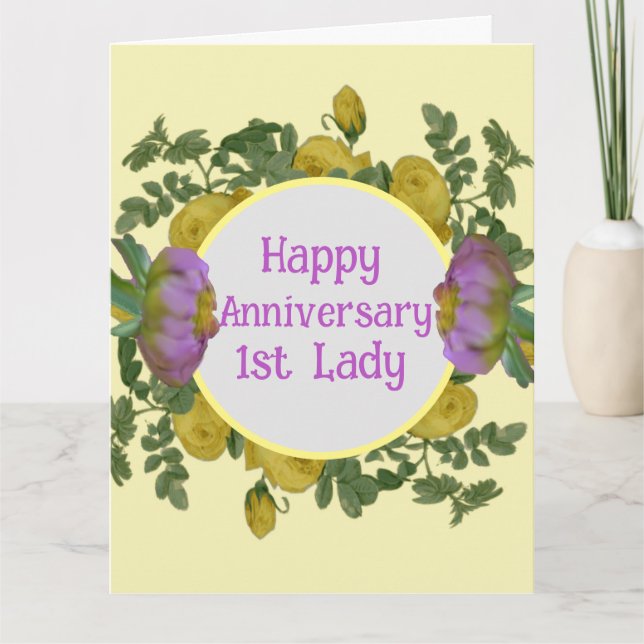 Carte Fleurs jaunes et violets 1er anniversaire de dame (Devant)