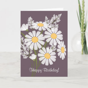 Carte Fleurs marguerites blanches sur violet Joyeux anni