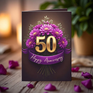 Carte Fleurs mauves dorées 50e anniversaire de Mariage