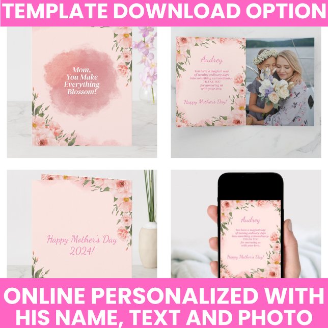 Carte Fleurs modernes roses pour la fête des mères (Modern Pink Floral Mother's Day Card)