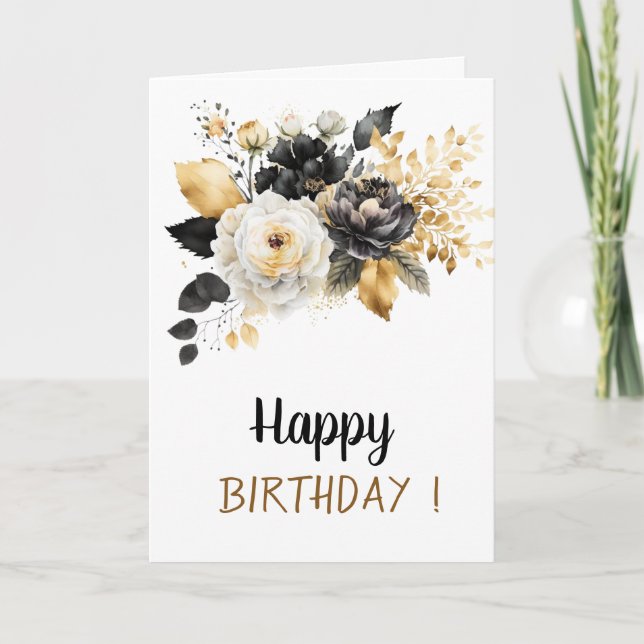 Carte Fleurs Noires Blanches Dorées Anniversaire (Devant)