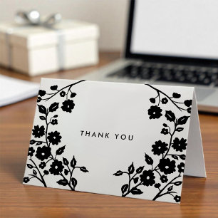 Carte Fleurs noires folk de charme Merci blanc personnal
