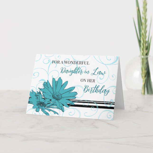 Carte Fleurs noires turquoise Fille en droit Anniversair (Devant)
