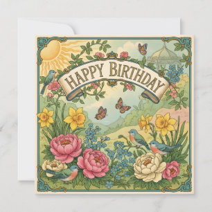 Carte Fleurs, oiseaux et papillons Joyeux Anniversaire