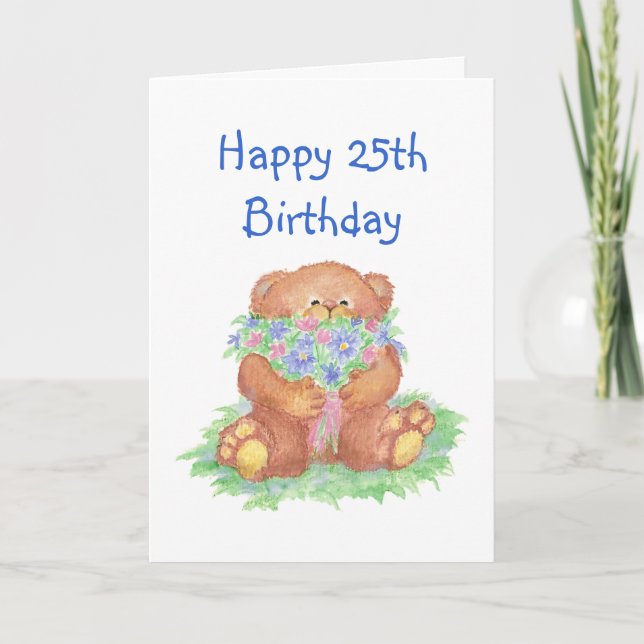 Carte Fleurs pour 25e anniversaire, mignonne ours en pel (Devant)