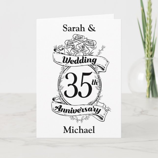 Carte Fleurs pour les 35 ans de mariage noir et blanc (Devant)