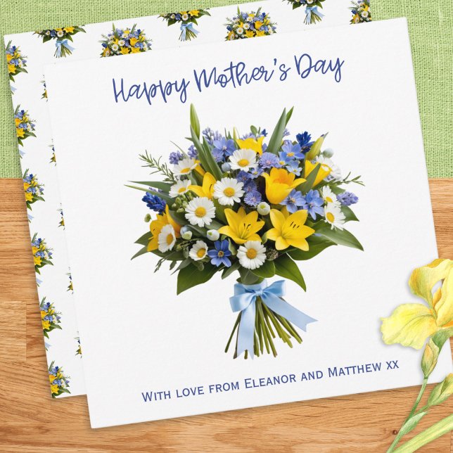 Carte Fleurs printanières jolies personnalisées Fête des (A personalized Mother's Day card, with picture of a beautiful hand-tied bouquet of Spring flowers)