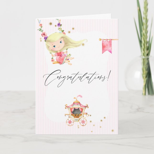 Carte Fleurs rose blush et princesse pailletée et feuill (Devant)
