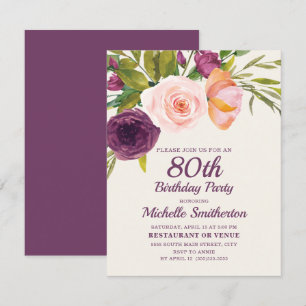Carte Fleurs rose poudré et bordeaux pour 80 ans en viol