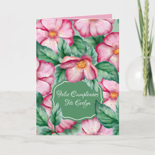 Carte Fleurs roses à l'aquarelle espagnole pour l'annive