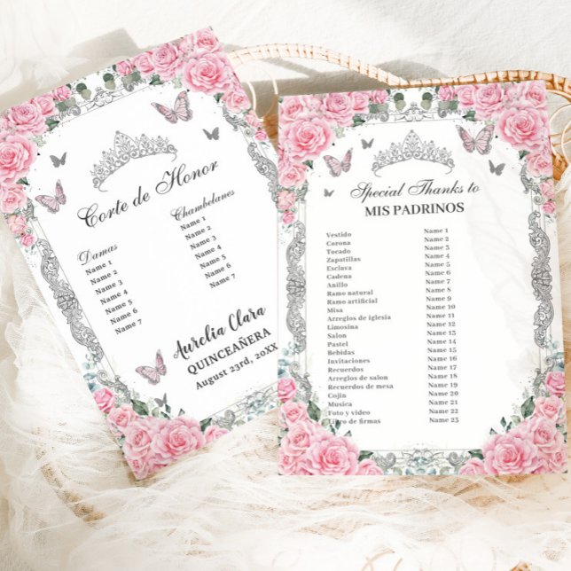 Carte Fleurs Roses Argentée pour Quinceañera Mis P (pink roses floral silver butterflies quinceanera mis padrinos corte de honor list cards printed)