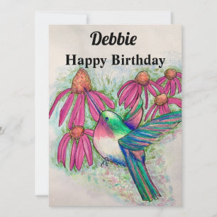 Carte Fleurs roses de colibri Anniversaire