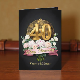 Carte Fleurs roses douces et or 40e anniversaire de Mari