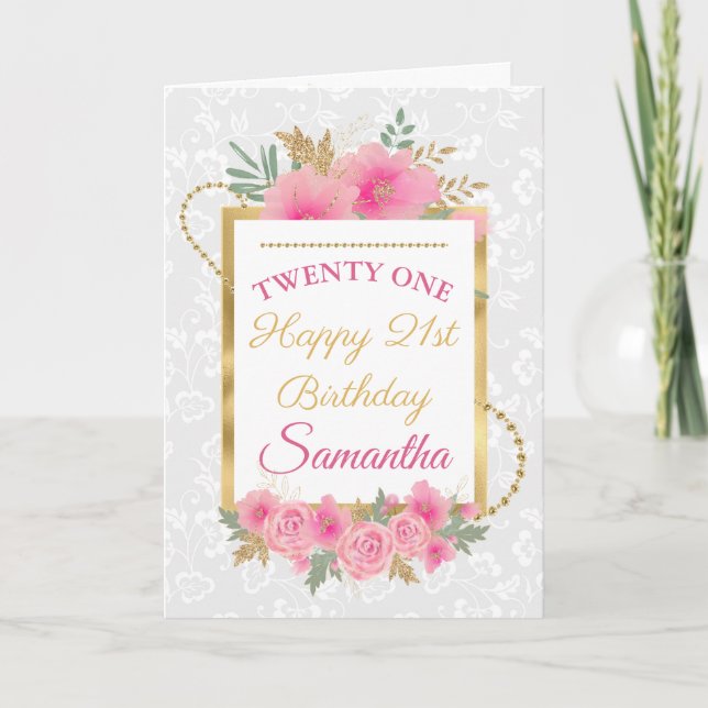 Carte Fleurs roses élégantes pour 21 ans (Devant)