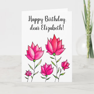 Carte Fleurs roses Encre Aquarelle Joyeux Anniversaire N