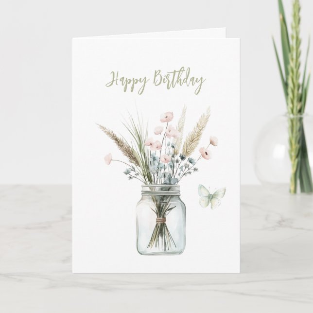 Carte Fleurs roses et bleues dans un bocal Papillon Anni (Devant)