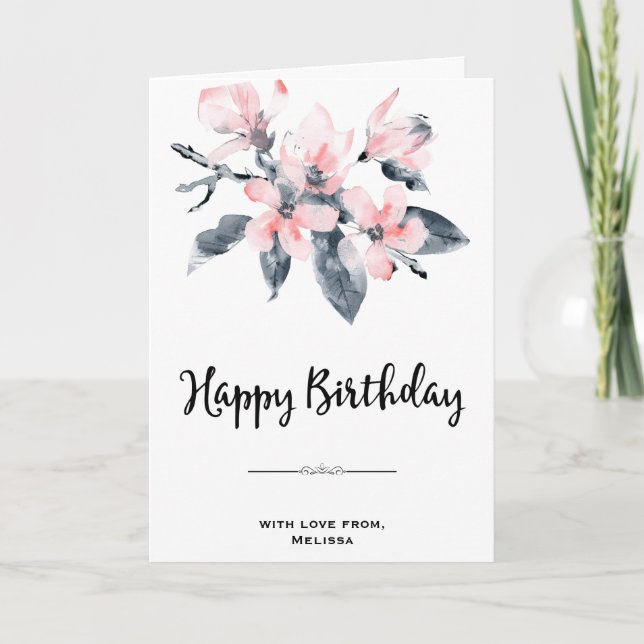 Carte Fleurs roses et grises Classique aquarelle Anniver (Devant)