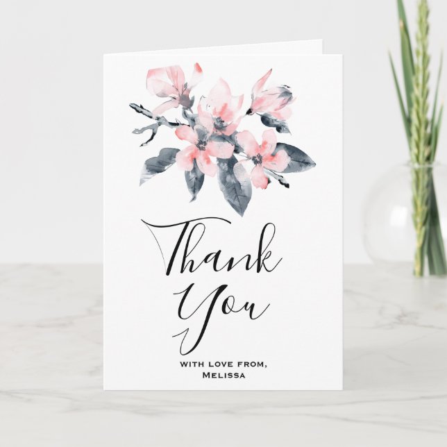 Carte Fleurs roses et grises Classique aquarelle Merci (Devant)
