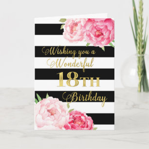 Carte Fleurs roses et rayures noires Joyeux 18e annivers