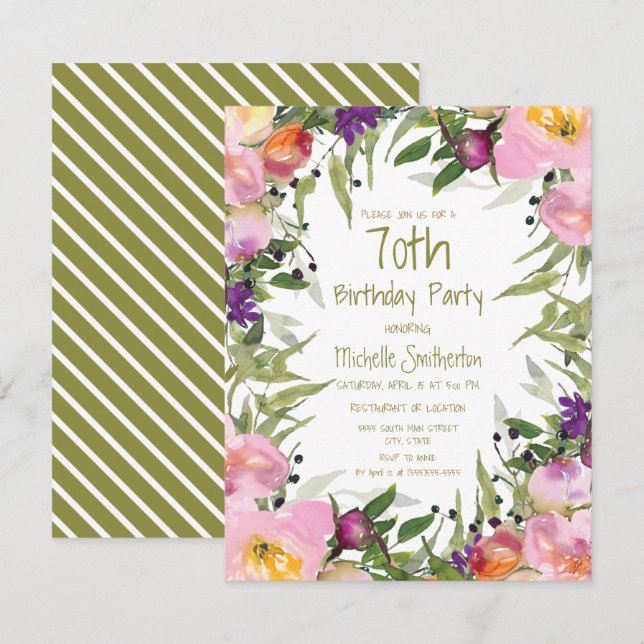 Carte Fleurs roses et violettes, feuilles vertes pour 70 (Devant / Derrière)