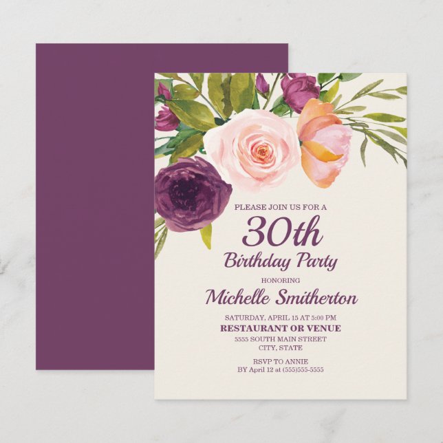 Carte Fleurs roses et violettes pour les 30 ans d'une fe (Devant / Derrière)