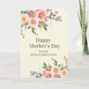 Carte Fleurs roses florales feuilles vertes Fête des mèr