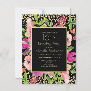 Carte Fleurs roses noires et paillettes d'or pour 16e an