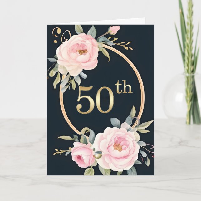 Carte Fleurs roses pour les 50 ans de mariage noir (Devant)