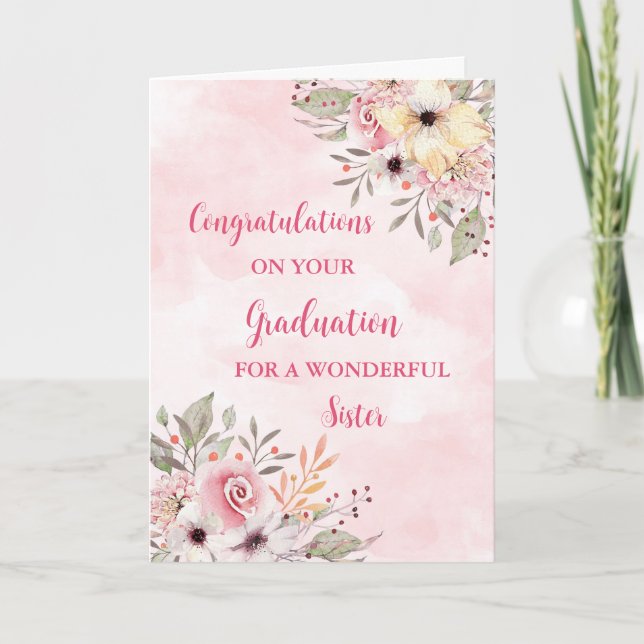 Carte Fleurs roses Soeur Félicitations Diplôme (Devant)
