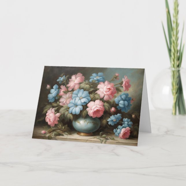 Carte Fleurs roses victoriennes, fleurs bleues dans un v (Devant)