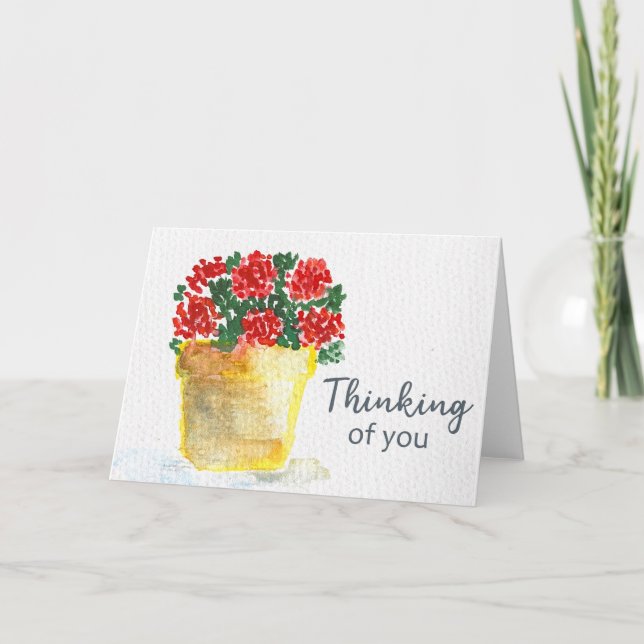 Carte Fleurs Rouges en Pot à l'Aquarelle en Pensée pour  (Devant)