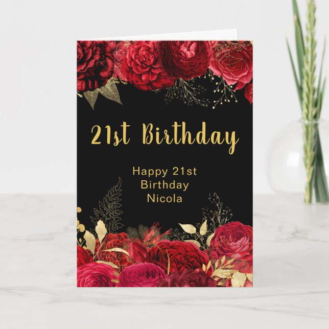 Carte Fleurs rouges et dorées élégantes pour un annivers (Devant)