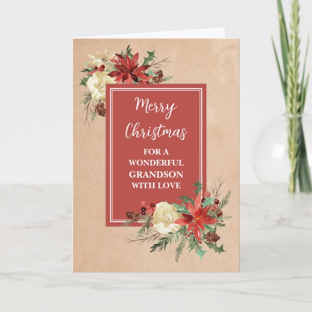 Carte Fleurs rustiques Grand-fils Joyeux Noël (Devant)